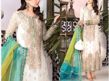 Embroidered Chiffon White Wedding Dress with Organza Dupatta (DZ15513)